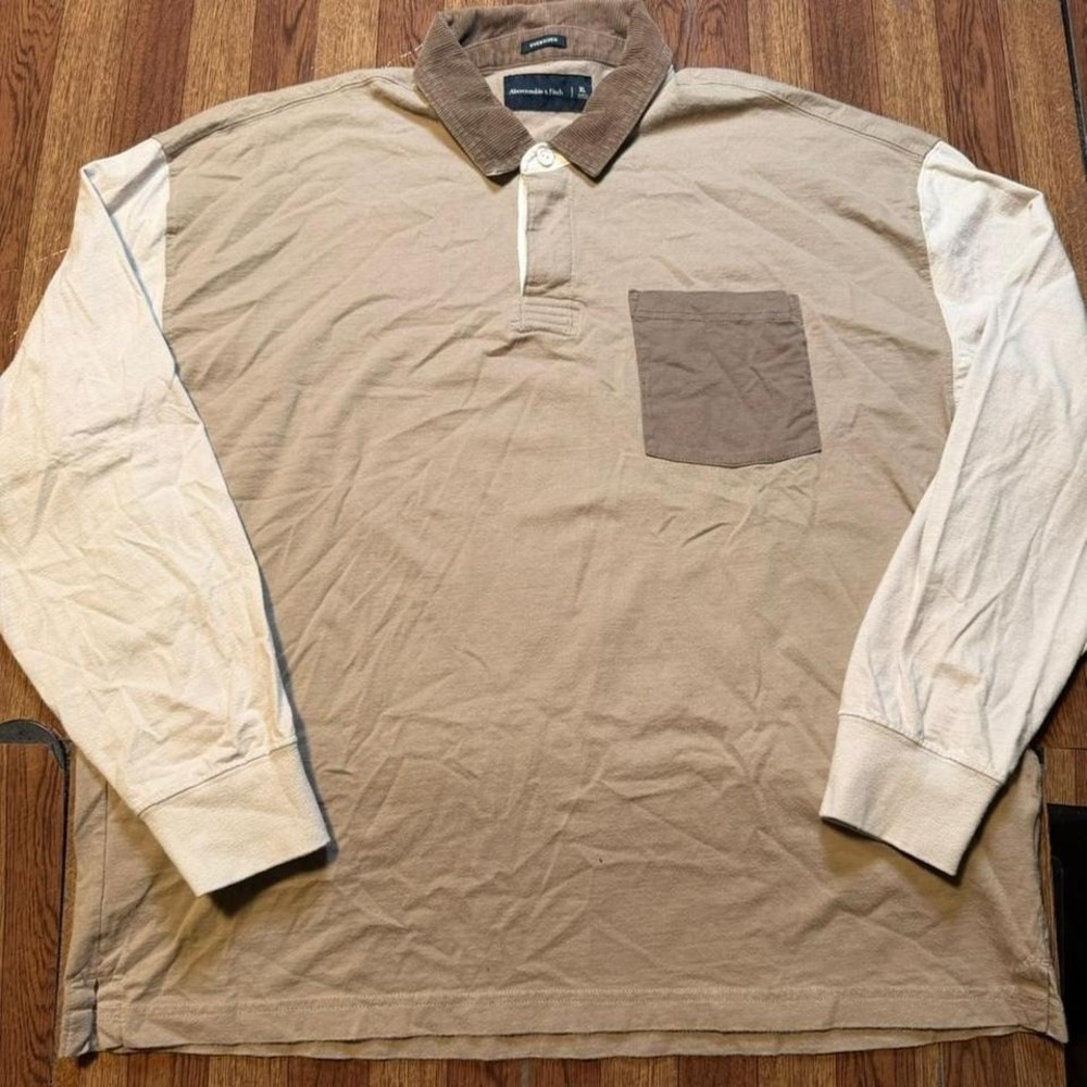 Abercrombie&Fitch Brown White‎ A&F Oversized Rugby Sleeve Polo Shirt XL